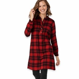 J.Jill Red & Black Plaid Tencel Tunic Shirt – Button Front – Size M